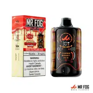 Banana Strawberry Peach Mr Fog Aura 60k offers powerful performance, 900mAh battery, 20ml e liquid, and smooth 5 nicotine satisfaction