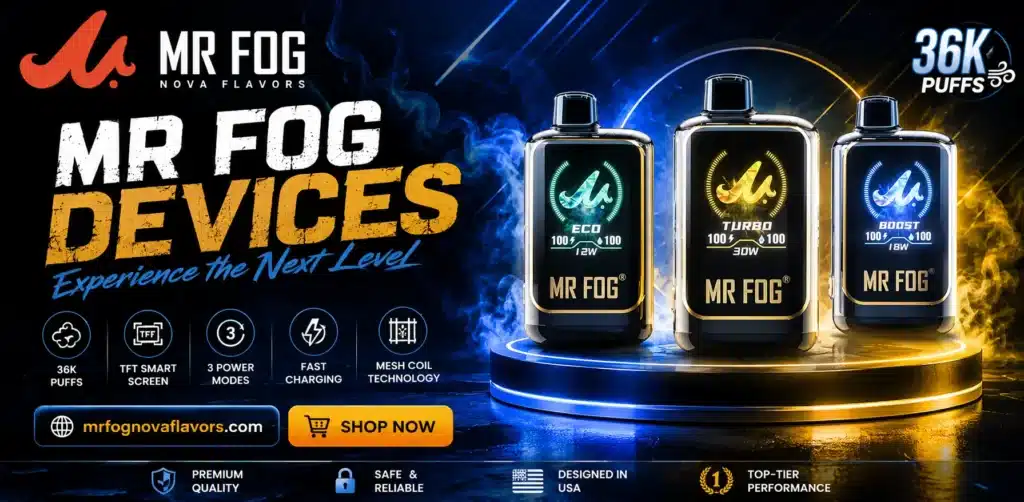 Mr Fog Devices collection featuring premium disposable vapes with modern designs and multiple flavors.