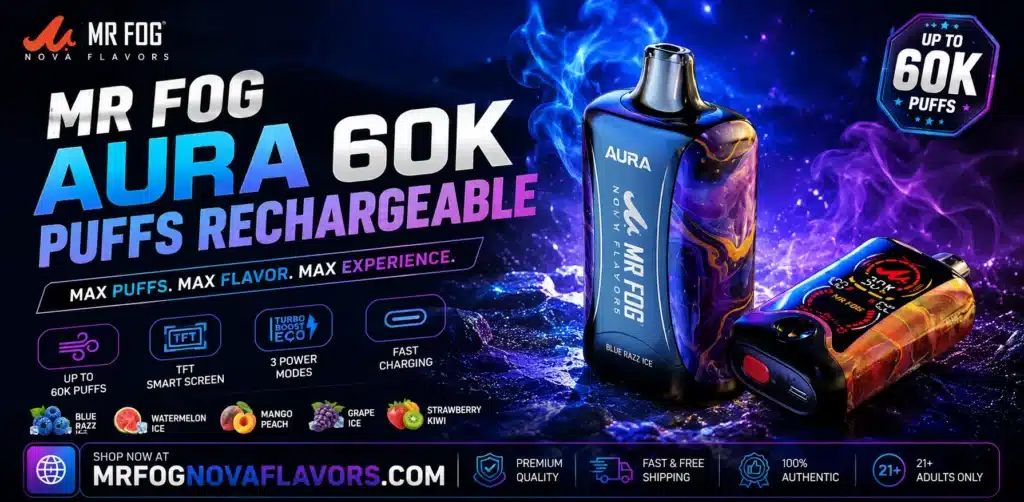 Mr Fog Aura 60K puffs rechargeable vape device with sleek Aura design and LED display