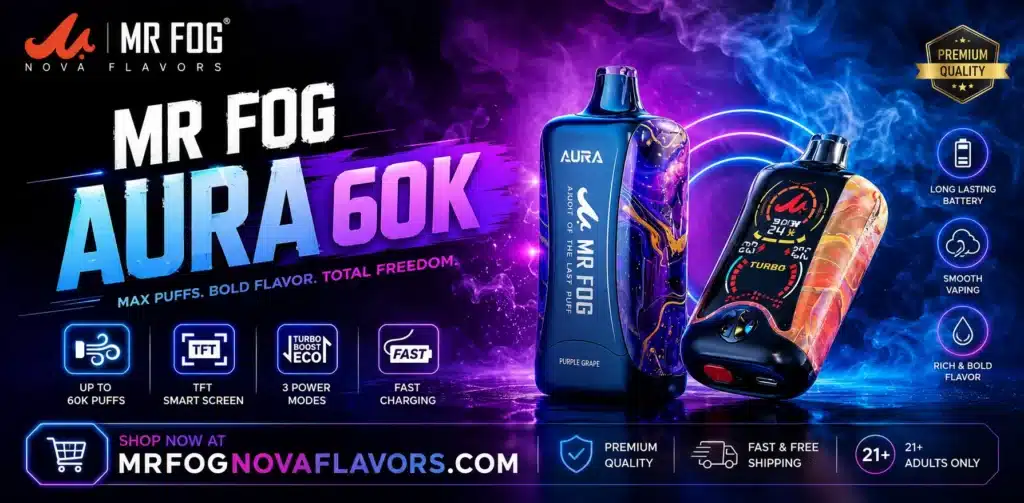 Mr Fog Aura 60K disposable vape with high puff capacity and premium flavors