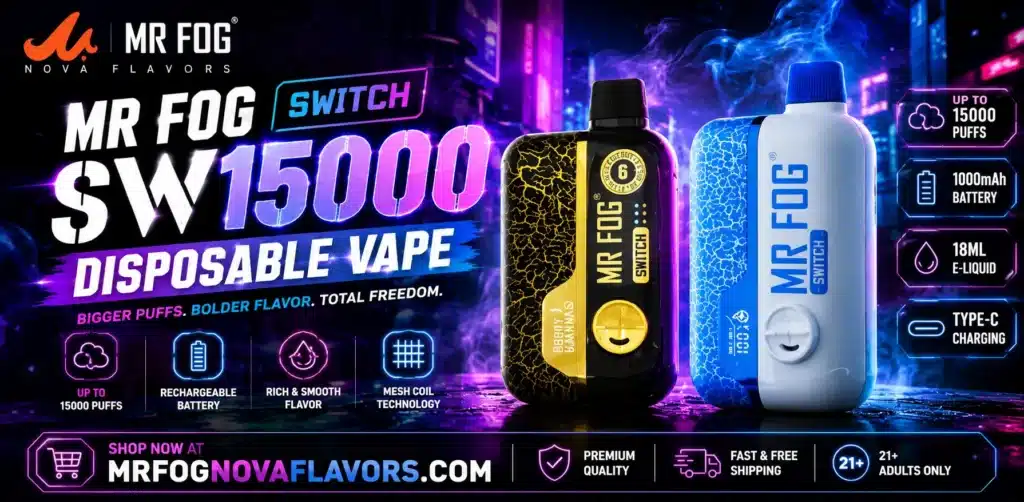 Mr Fog Switch SW15000 disposable vape device with dual mode switch and LED display screen