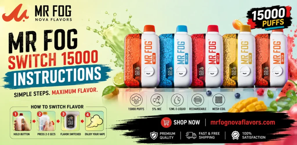Mr Fog Switch 15000 instructions guide showing the disposable vape device with information about activation, switching modes, USB-C charging, battery status, and proper everyday use.