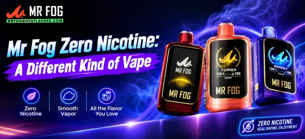 Mr Fog Zero Nicotine disposable vape featuring a sleek and compact design for a smooth nicotine-free vaping experience