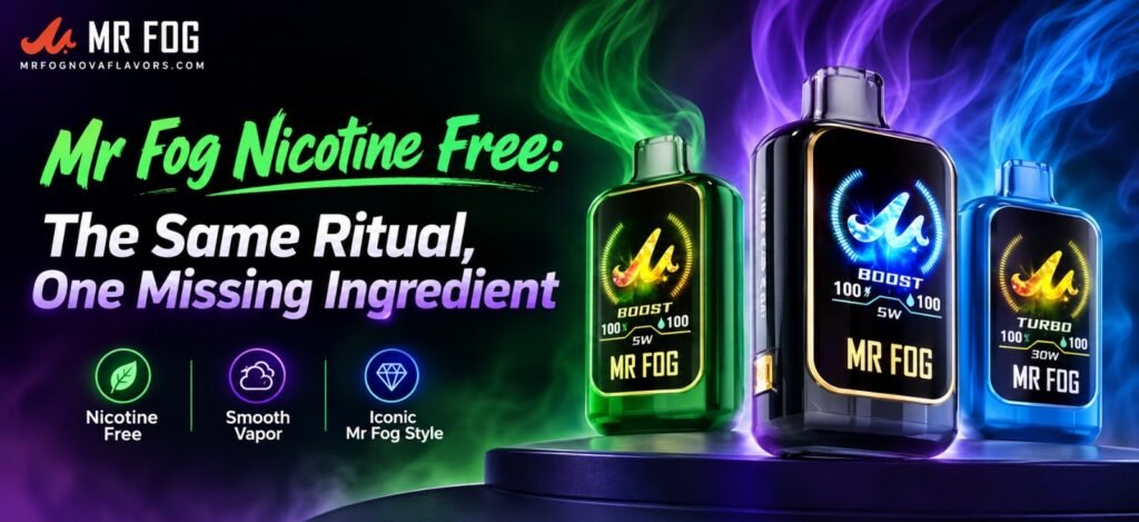 Mr Fog Nicotine Free disposable vape featuring a sleek, compact design and nicotine-free vaping option for convenient everyday use