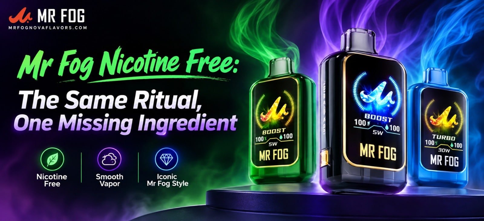 Mr Fog Nicotine Free disposable vape featuring a sleek, compact design and nicotine-free vaping option for convenient everyday use