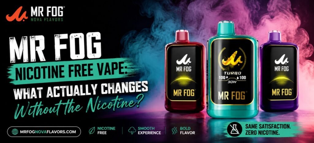 Mr Fog nicotine free vape featuring a sleek compact design and convenient disposable format for a nicotine-free vaping option