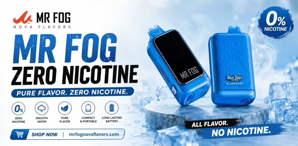 Mr Fog Zero Nicotine vape featuring a nicotine-free formulation, compact disposable design, colorful product styling, and flavorful options for adult users seeking a zero-nicotine alternative.
