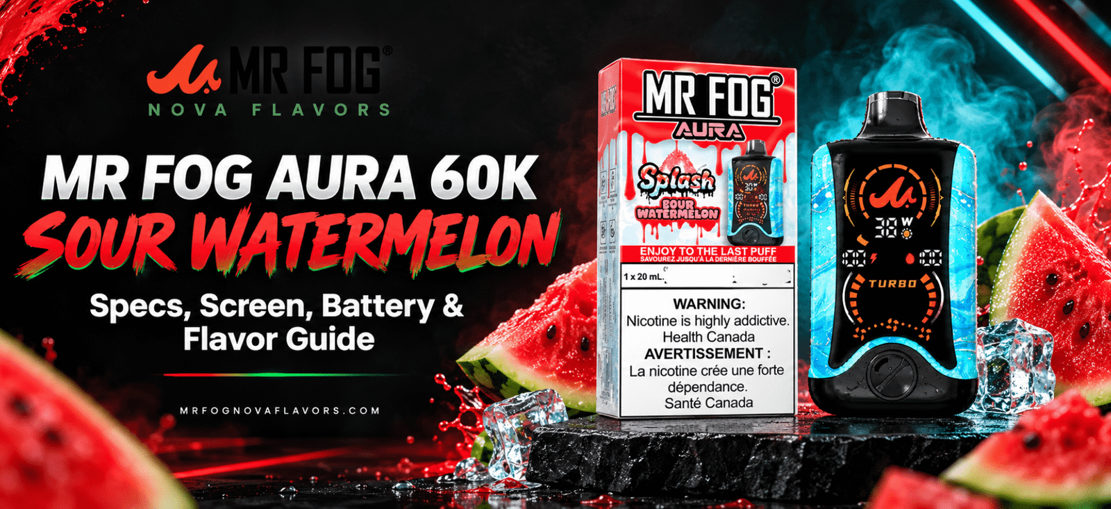 Mr Fog Aura 60K Sour Watermelon vape device and packaging featured in a promotional banner for Mr Fog Nova Flavors.