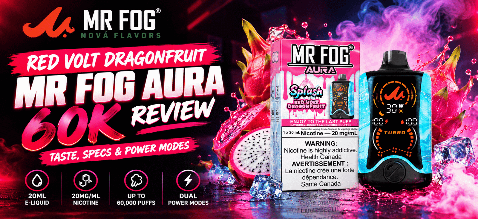 Red Volt Dragonfruit Mr Fog Aura 60K vape review featured image showing the product box and device with 20 mL e-liquid, 20 mg/mL nicotine, and dual power modes